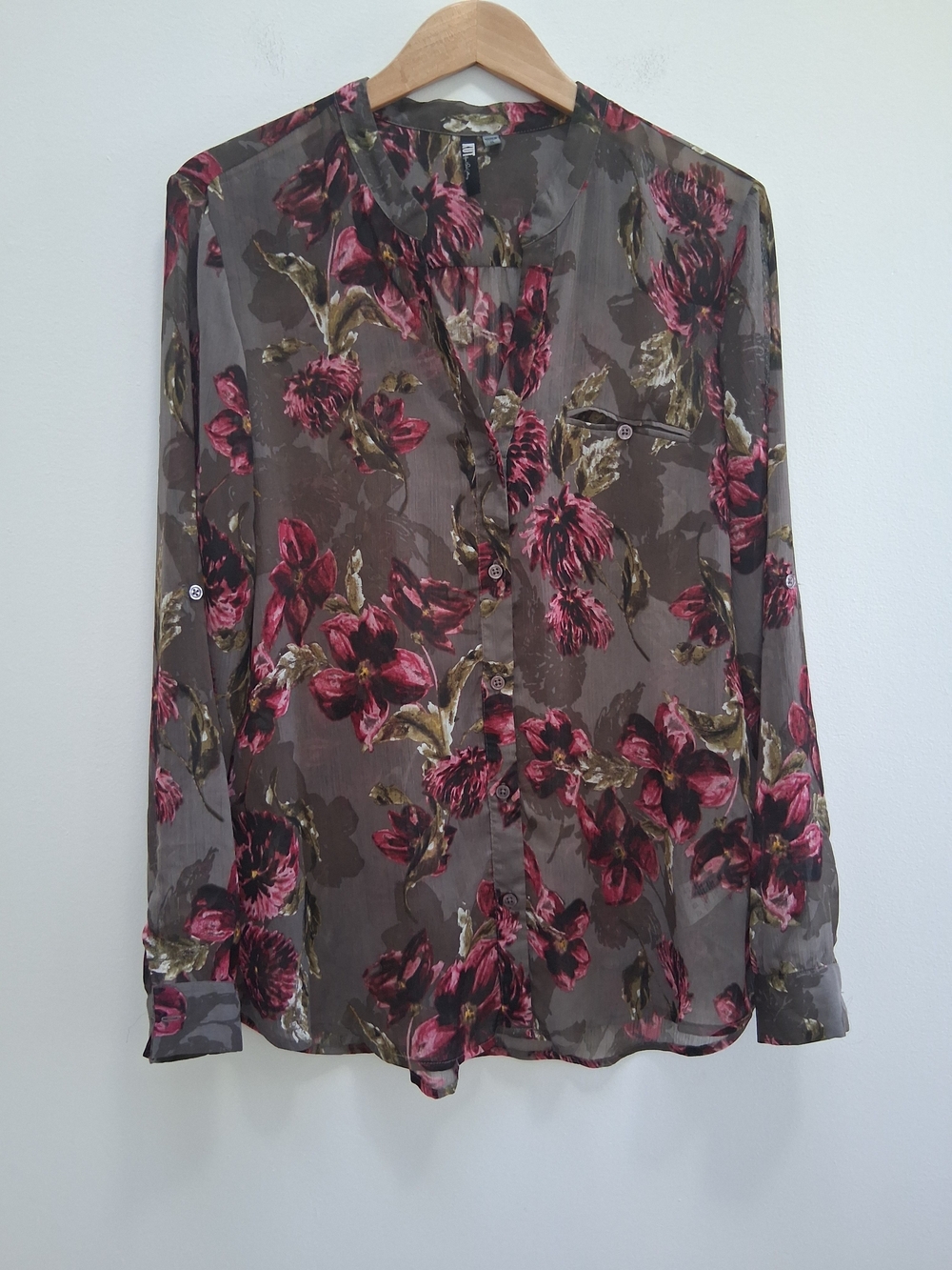 Kut from the Kloth Sheer Olive Blouse with Pink Floral Print Roll Sleeves XL